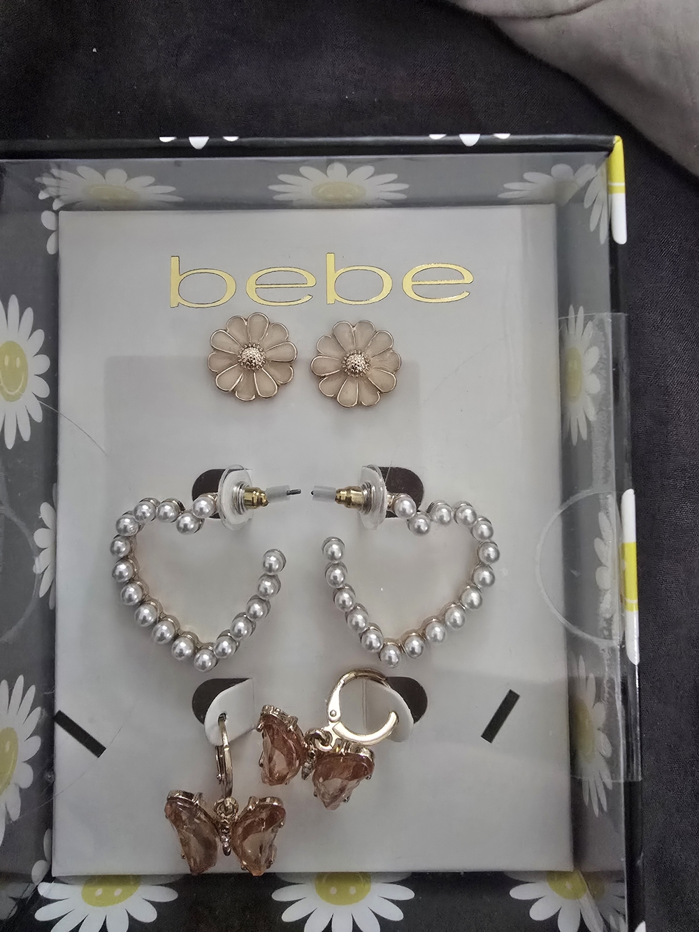 bebe Rose Gold Flower, Silver Heart & Rose Gold Butterfly Earring Set